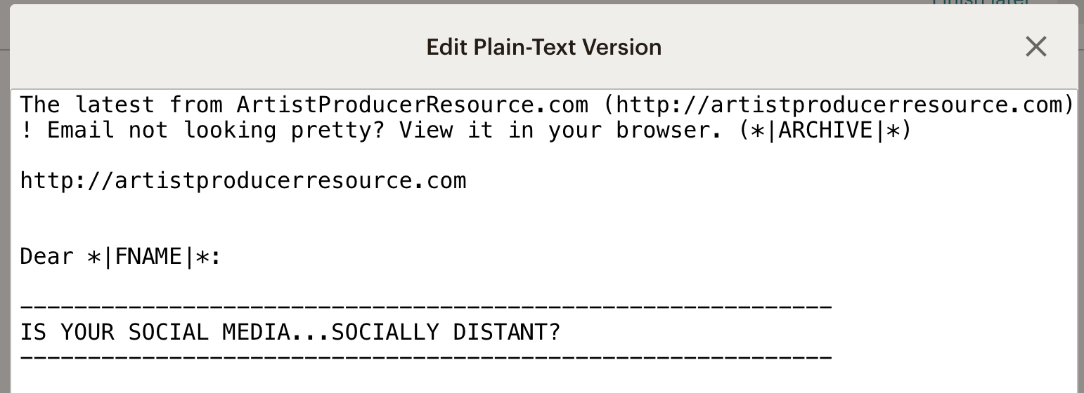 Screenshot of the plain text editor in Mailchimp. 